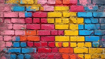 Poster -  a multicolored brick wall is painted in different shades of red, yellow, blue, and pink,.