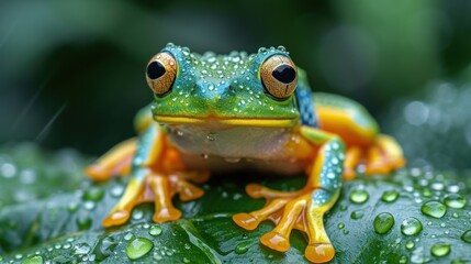 Sticker -  a close up of a frog on a leaf with drops of water on it's surface and a green background.