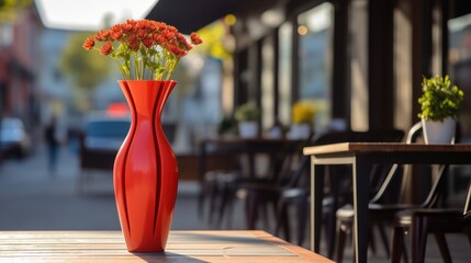 Poster -  a vase filled with red flowers sitting on top of a wooden table next to a table with chairs and tables in the background.