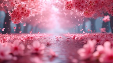 Sticker -  a beautiful scene with pink flowers in the foreground and a pond in the middle of the scene in the foreground.