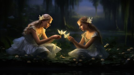 Poster -  two young girls are sitting in the grass and playing with a star shaped object in front of a body of water.