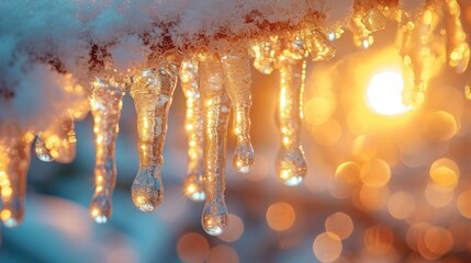 Sticker -  a group of icicles hanging from a tree with the sun shining through the ice and snow on the branches.