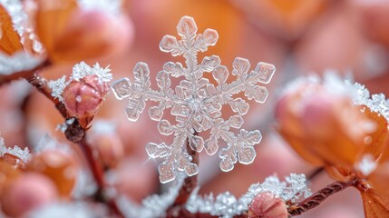 Sticker -  a close up of a snowflake on a tree branch with snow flakes on the top of it.