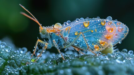 Poster -  a close up of a blue and yellow insect on a leaf with drops of water on it's wings.