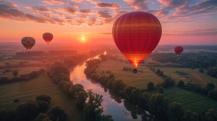 Wall Mural -  a group of hot air balloons flying in the sky over a river and a lush green field under a cloudy sky.