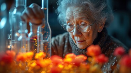 Wall Mural -  a woman in glasses looking at a vase with flowers in it and a flask of liquid in front of her.