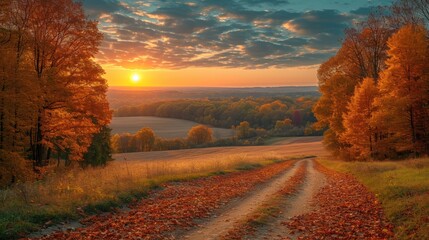 Canvas Print -  a dirt road in the middle of a field with trees on both sides of it and a sunset in the background.