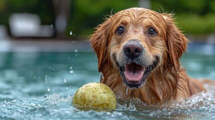 Canvas Print -  a close up of a dog in a pool of water with a frisbee in it's mouth.