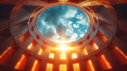 Poster -  a picture of the inside of a building with the sun shining through the window and clouds in the sky above.