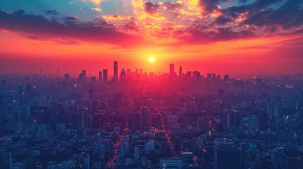 Sticker -  the sun is setting over a cityscape with skyscrapers in the foreground and clouds in the background.