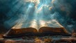  an open book sitting on top of a wooden table under a blue sky filled with clouds and sunbeams.