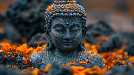 Wall Mural -  a close up of a statue of a buddha surrounded by orange flowers in a black and white photo with a blurry background.