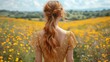  a woman standing in a field of flowers with her back to the camera and her hair in a pony tail.