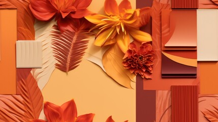 Sticker -  a picture of some flowers and leaves on a yellow and orange background with a white rectangle in the middle of the picture.