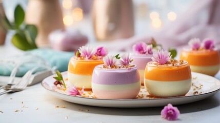 Sticker -  a close up of a plate of desserts on a table with flowers in the middle of the plate and a person in the background.