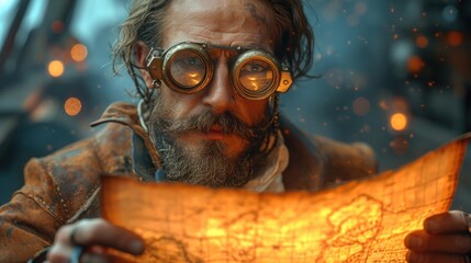 Canvas Print -  a close up of a person wearing goggles and holding a wooden map in front of a window with lights in the background.