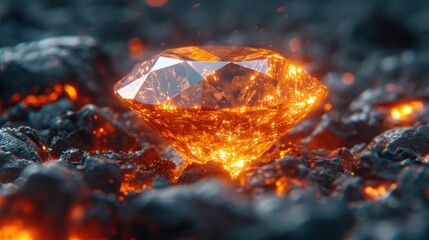 Wall Mural -  a close up of a yellow diamond on a pile of rocks with fire coming out of the top of it.