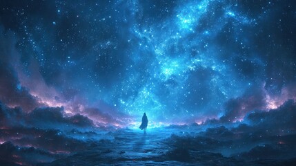 Poster -  a person standing in the middle of a body of water with a sky full of stars and clouds in the background.