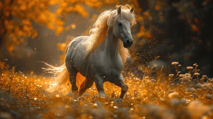 Canvas Print -  a white horse with long blonde hair running through a field of grass with yellow flowers in the foreground and trees in the background.