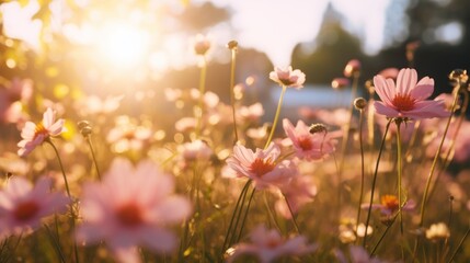  a field full of pink flowers with the sun shining through the trees in the backgroound of the picture.