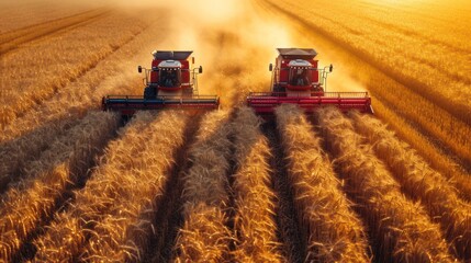 Poster -  two combines of red and blue combiners in a wheat field with the sun shining through the clouds behind them.