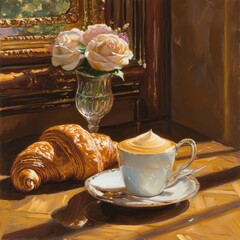 Sticker -  a painting of a cup of coffee and a croissant sitting on a table next to a vase of roses.