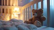 Cozy baby crib. Comfortable bed for little child. Kid cot in bedroom. Teddy plush bear sit inside bed. Cute beautiful toy. Room interior design. Night bedtime. Comfort concept. Baby care, parenthood.