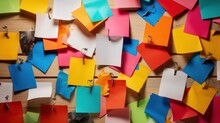  A Bunch Of Colorful Post It Notes Pinned To A Wooden Wall With Clothes Pins And Clothes Pins Attached To Them.