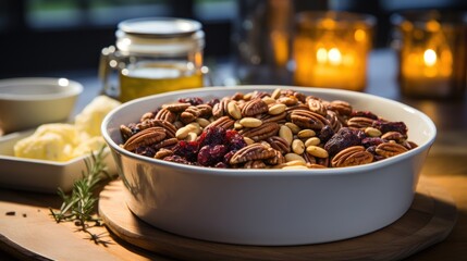 Poster -  a bowl of nuts and cranberries sits on a cutting board next to a bowl of lemons and a jar of honey.