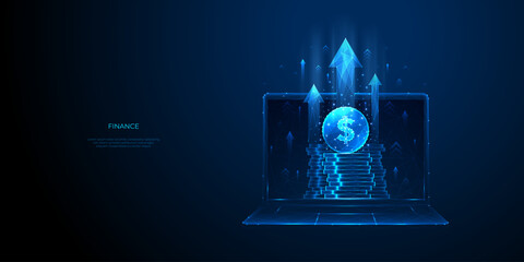 Poster - Abstract 3D light blue dollar coin stack on a laptop screen in futuristic low poly wireframe style on a dark background. Business and finance concept. Growth arrows as graph chart. Vector illustration