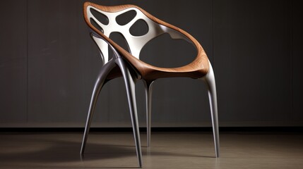 Sticker -  a wooden chair with metal legs and a white and black design on the back of the chair, with a black wall in the background.