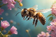 Honey bee flying over the flowers. AI generated