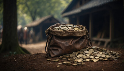 Wall Mural - Medieval bag of coins in forest. AI generated