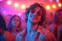 Happy Handsome Young Man Dancing At A Nightclub Party, Disco Guy Having Fun At A Music Festival