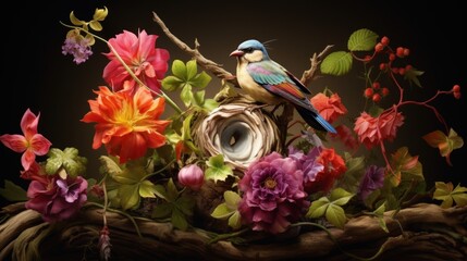 Canvas Print -  a bird sitting on top of a tree branch next to a nest filled with flowers and a speaker in front of a black background.