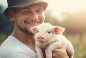 photo of happy Farmer holding piglet in field, closeup.