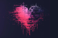 Glitch Distorted Heart Shape . Minimal Art Design . Noise Destroyed Heart Logo, Isolated On Black Background