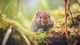 Fototapeta  -  a close up of a small rodent in a mossy area with a blurry background of grass and plants.