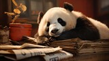 Fototapeta  -  a panda bear sitting on top of a pile of newspaper next to a potted plant and a potted plant.