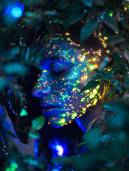 Wall Mural - ethereal being in a forest, skin adorned with phosphorescent patterns, bioluminescent mushrooms and 
