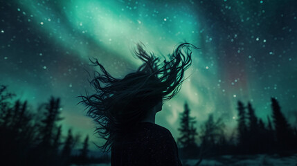 Wall Mural - portrait with the subject’s hair flowing upwards into an aurora borealis