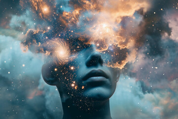 Wall Mural - ethereal portrait of a figure with galaxies for eyes, nebula clouds swirling around the head