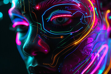 Wall Mural - 
Futuristic cyborg face with glowing neon lines and psychedelic circuitry, black background with bright color splashes