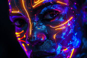 Wall Mural - futuristic cyborg face with glowing neon lines and psychedelic circuitry, black background with brig
