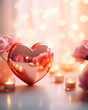 Romantic card for Valentine's Day celebration. Heart in candles and flowers. Bokeh lighting. Copy space