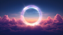 Beautiful Neon Colorful Cloud With A Rainbow Ring Background, In The Style Of Luminous Light Effects, Realistic Landscapes With Soft Edges, Dark Violet And Orange.	
