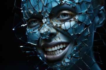 Wall Mural - a shattered mirror reflecting distorted fragments of a sinister smile, embodying the psychological f