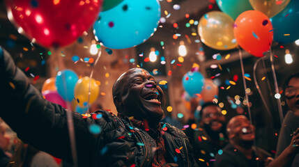 Wall Mural - joyous candid moment at a surprise birthday party, expressions of amazement, balloons and confetti