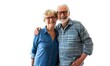 © yj - Portrait of smiling senior couple wearing blue jeans, isolated on white background. generative AI