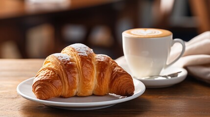 Poster -  a couple of croissants sitting on a plate next to a cup of coffee on a wooden table.